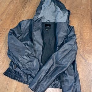 Dark Blue and Grey Faux Leather Jacket With Hood